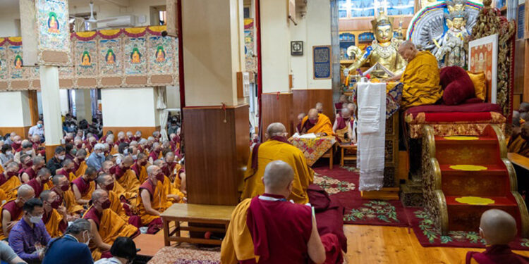His Holiness the Dalai Lama addressing the congregation at the Main Tibetan Temple on the first day of teachings in Dharamshala, HP, India on October 3, 2022.