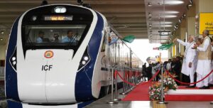 PM flags off the Vande Bharat Express between Gandhinagar and Mumbai at Gandhinagar Station, in Gujarat on September 30, 2022.