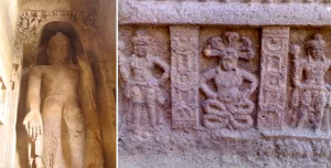 Left- A colossal Standing Buddha in Kanheri Cave 3 Right- Depiction of a Naga