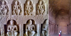 Left- Main Chaitya hall, Kanheri Caves. Right- A wall depicting the Buddha, Kanheri Caves