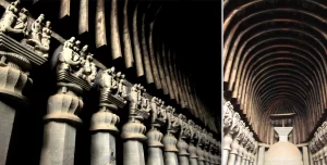 The Cave Temples of Mumbai and Beyond_Series of 15 octagonal pillars in the main Chaitya hall, Karla Caves